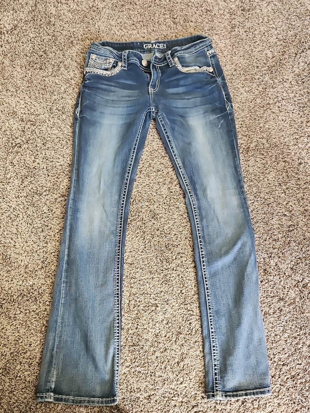 Grace in LA Medium Blue Boot Cut Jeans with Embellished Pockets